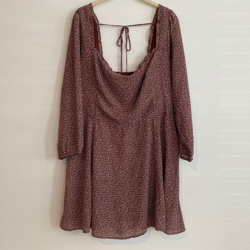Long sleeve fit and flare mini petite dress brown with polka dot pattern